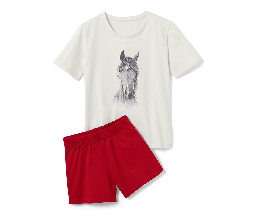 Kinder-Pyjama: Weißes Kurzarmshirt mit Pferdebild und rote Shorts.