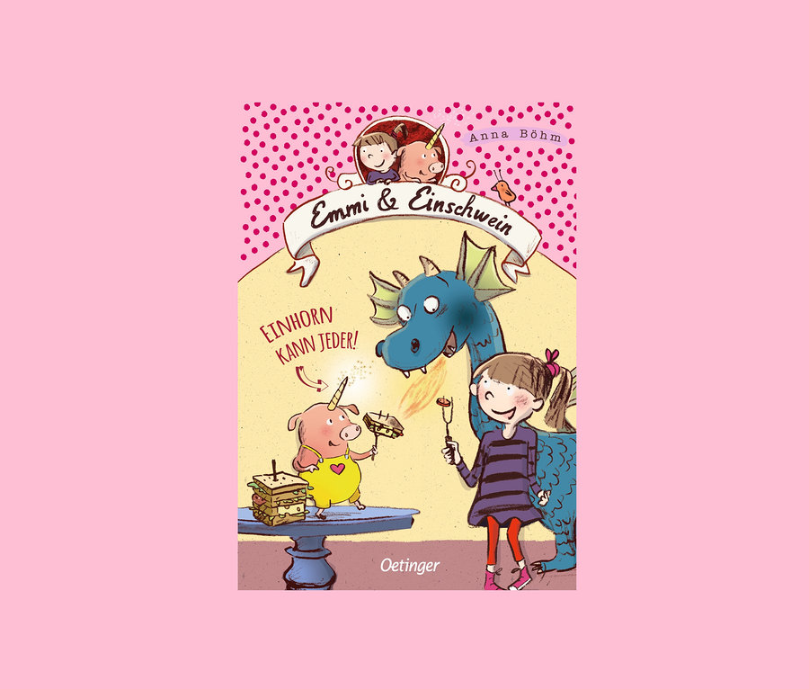Illustration aus dem Buch-Set »Mein Kinderbuchhaus« mit einem Mädchen, einem Drachen und einem Schwein mit Horn, das ein Sandwich grillt.