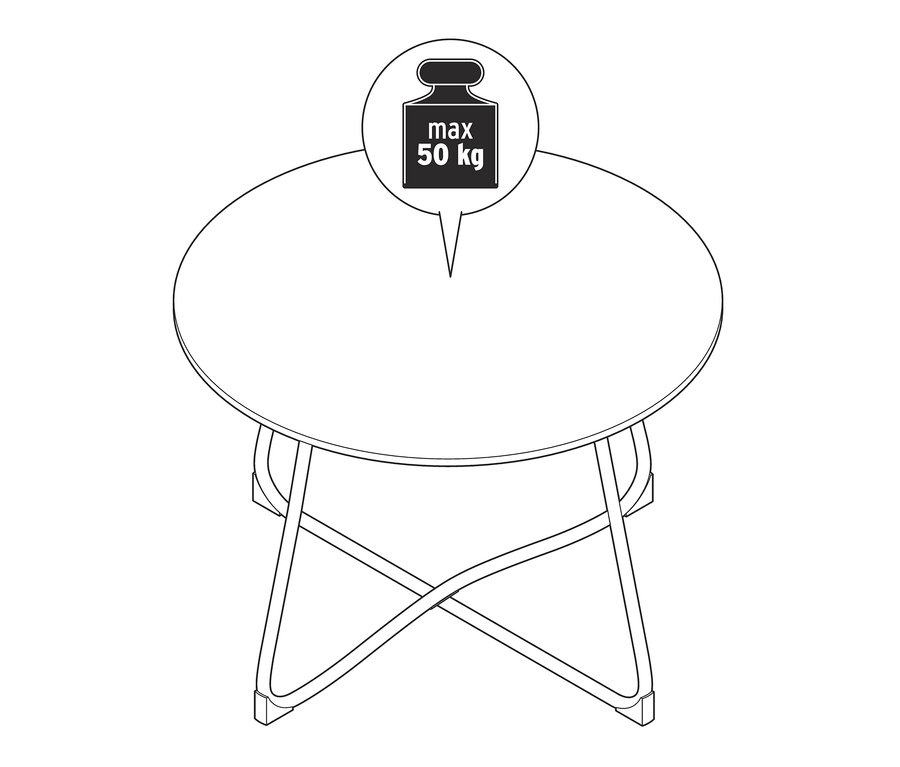 Schwarz-weiße Illustration eines runden Gartentisches »Jara« mit Duraboard und einer maximalen Traglast von 50 kg.