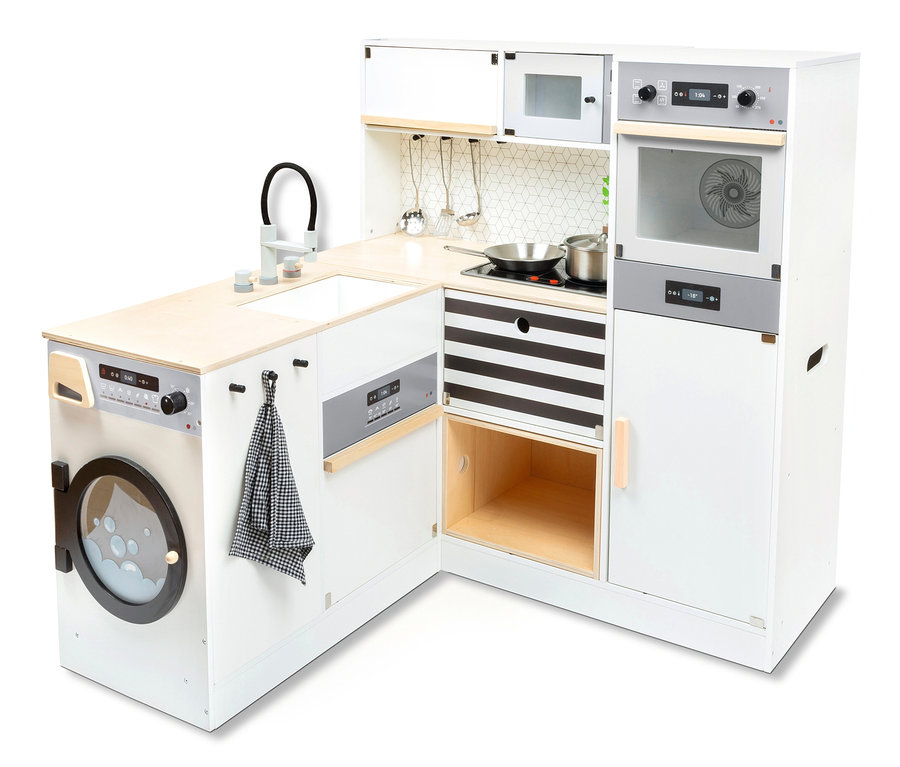 Eine weiße small foot Kinderküche modular XL mit Backofen, Herd, Spülmaschine und Waschmaschine.
