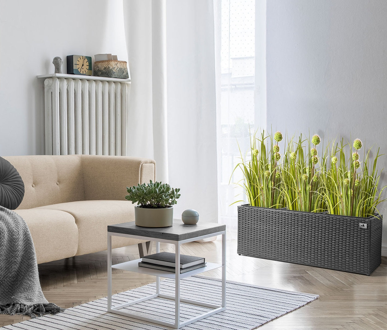 Wohnzimmer mit beigem Sofa, anthrazitfarbenem Polyrattan-Pflanzgefäß (Breite ca. 102 cm) und Holzmöbeln.