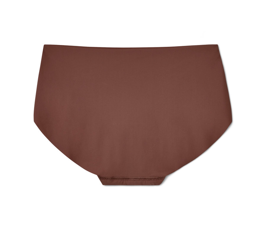 Detailaufnahme von 3 Magic-Cut-Pantys in Braun auf weißem Hintergrund.