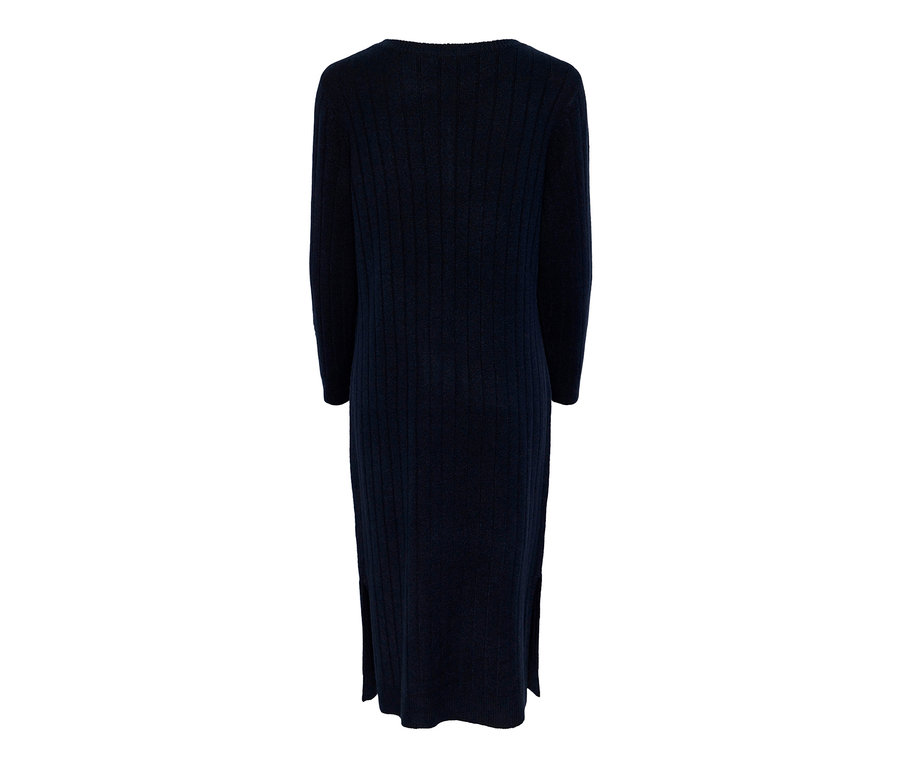 Dunkelblaues geripptes Strickkleid von hinten.