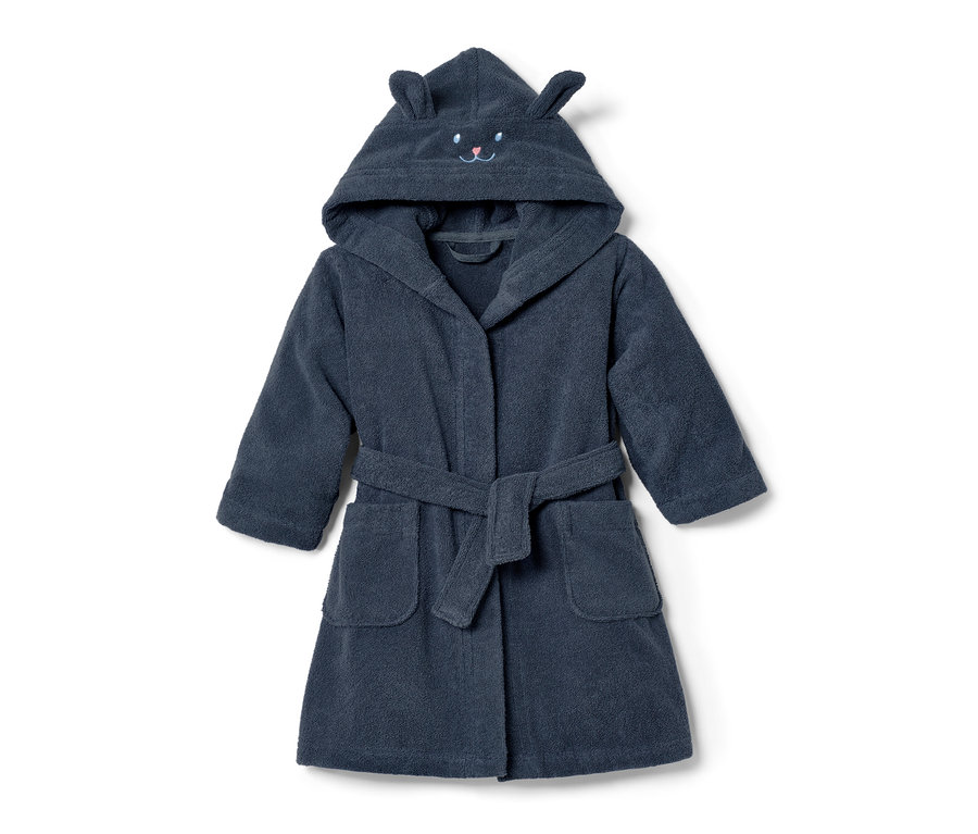 Blauer Kinder-Bademantel mit Kapuze und Ohren.
