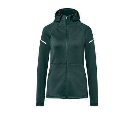 Dunkelgrüne Thermojacke mit Reißverschluss und Kapuze.