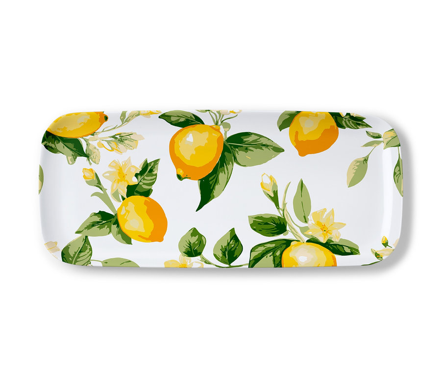 Rechteckige Servierschale mit Zitronen- und Blumenmuster.