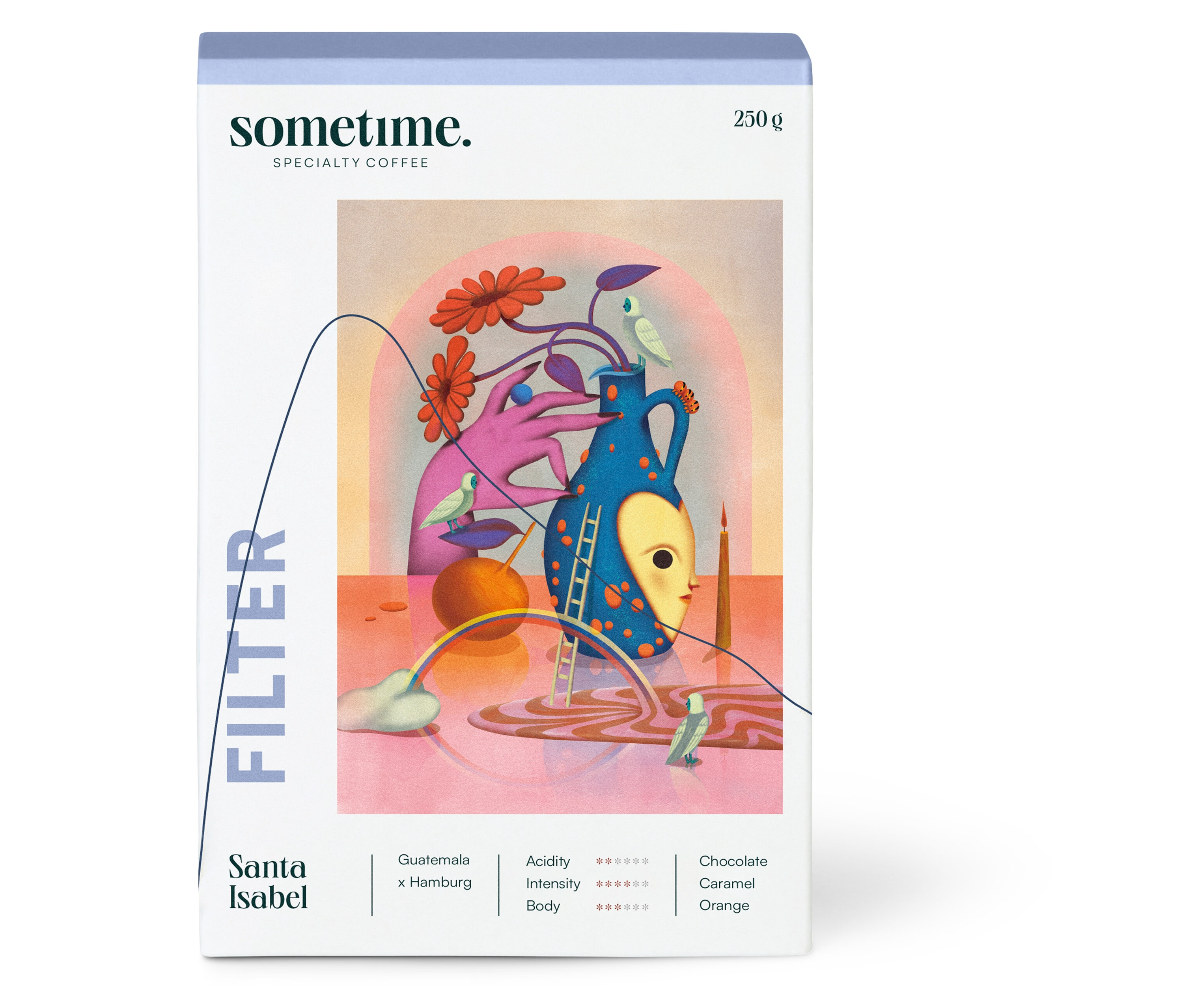 Packung sometime - SANTA ISABEL Filterkaffee - 250 g Ganze Bohne mit Illustration einer Kanne, Früchten und Blumen.