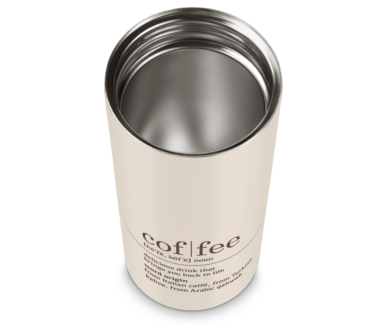 Ein beiger Coffee-to-go-Becher Coffee Dictionary mit Edelstahl-Innenausstattung.