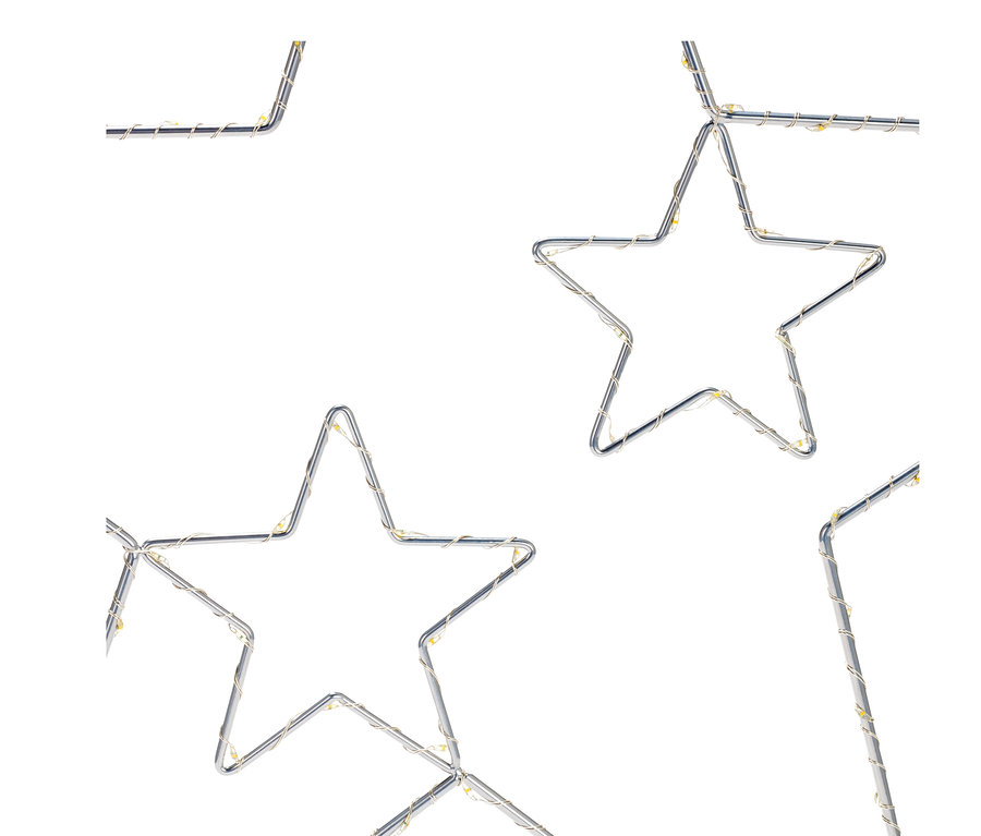 Detailaufnahme von mehreren großen hängenden LED-Metallsternen.