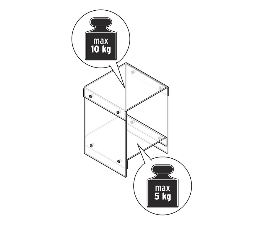 Eine schematische Darstellung eines Beistelltisches aus Acrylglas, maximale Belastung 10 kg auf der Oberseite und 5 kg auf der unteren Ablage.