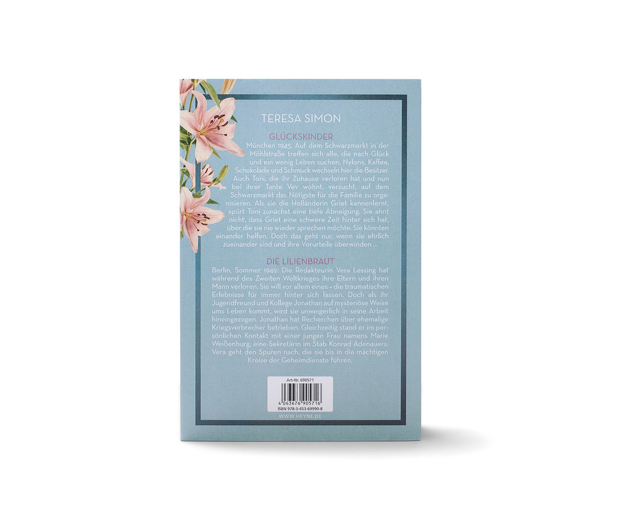 Cover des Buches "Doppelroman: Glückskinder und Die Lilienbraut" von Teresa Simon mit Lilien-Illustrationen.