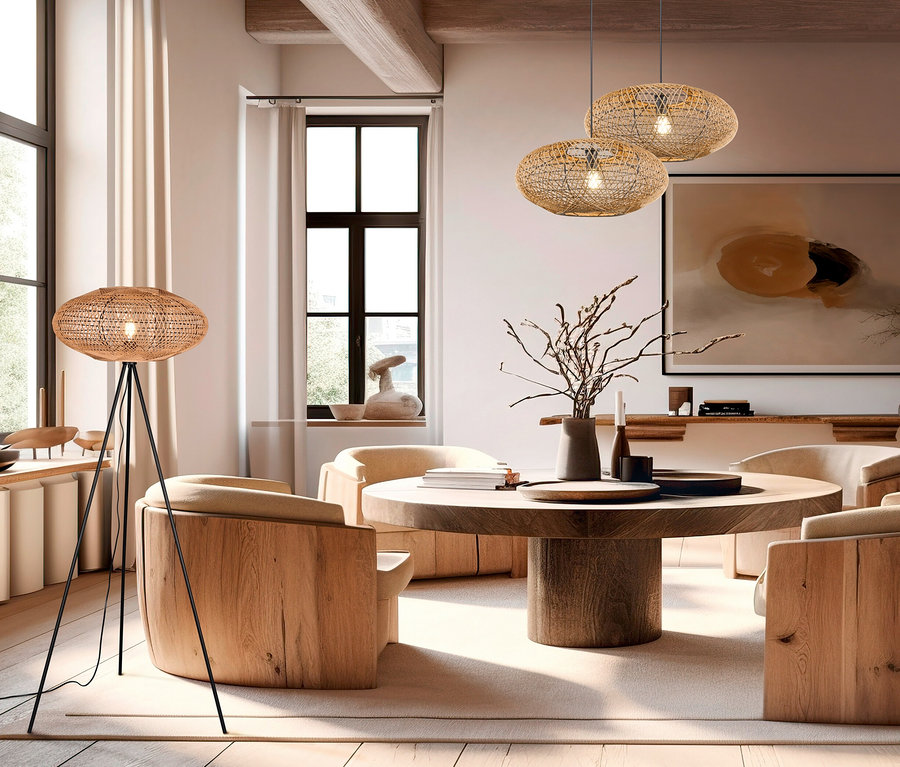 Wohnzimmer mit Holzmöbeln und Trio Stehleuchte »Hedda«.