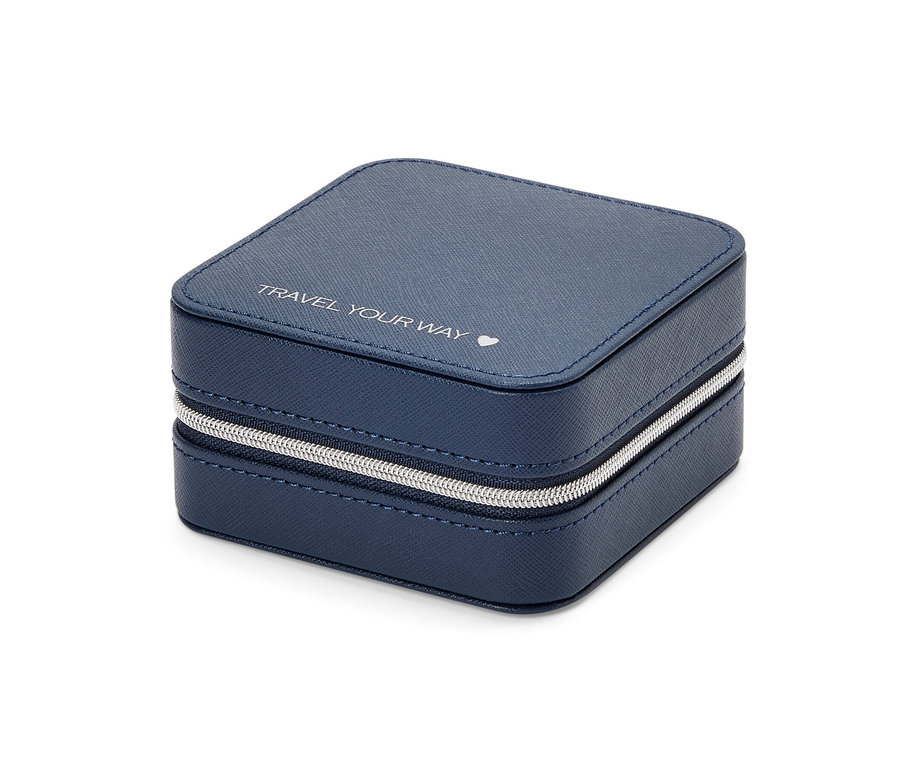 Ein blaues kleines Schmuckkästchen mit silbernem Reißverschluss.