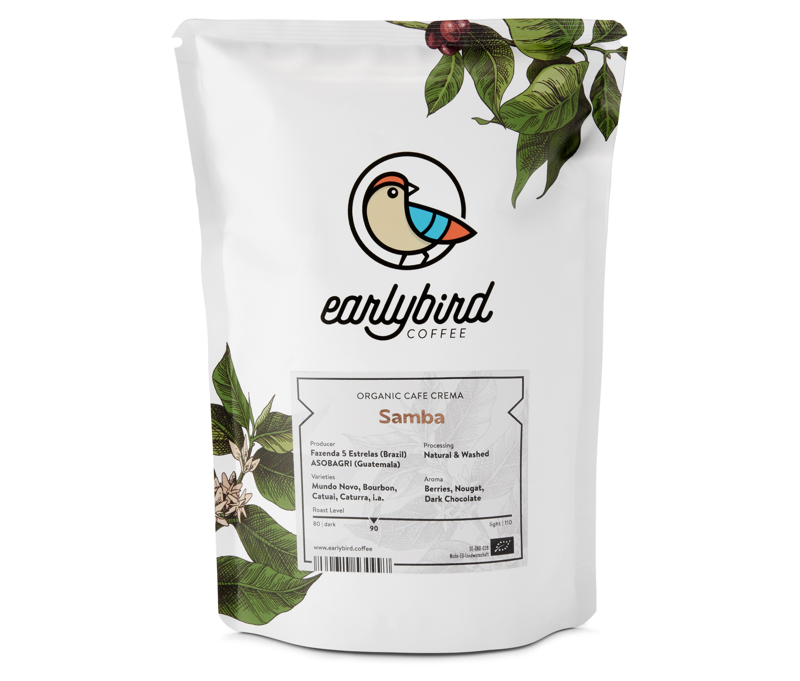 Eine Packung earlybird - Samba Caffè Crema Bio - 250 g Ganze Bohne.