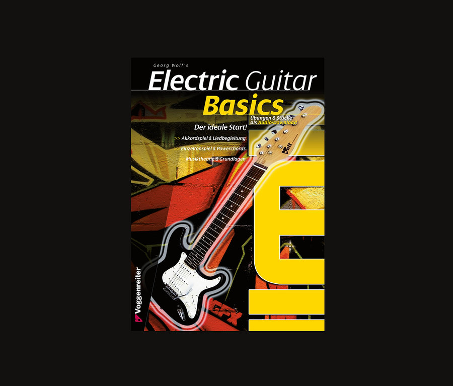 Cover des Buchs "Electric Guitar Basics" von Georg Wolf mit Abbildung einer Voggenreiter VOLT E-Gitarren-Set EG-100 E-Gitarre.