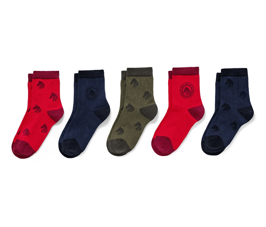 Fünf Paar Kinder-Socken mit Pferdemotiv in Rot, Dunkelblau und Khaki.
