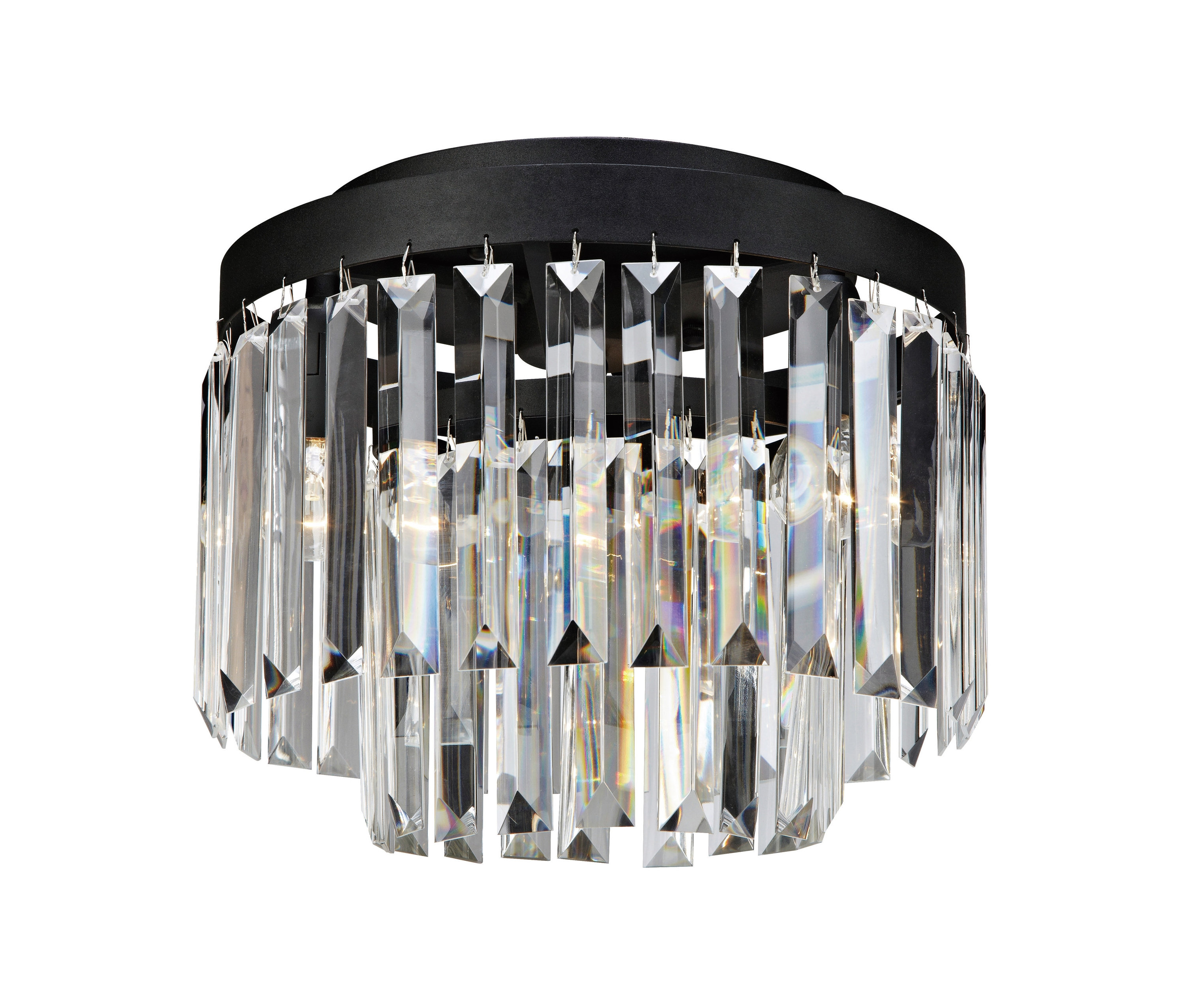 Schwarze Deckenleuchte mit klaren Prismenkristallen.
