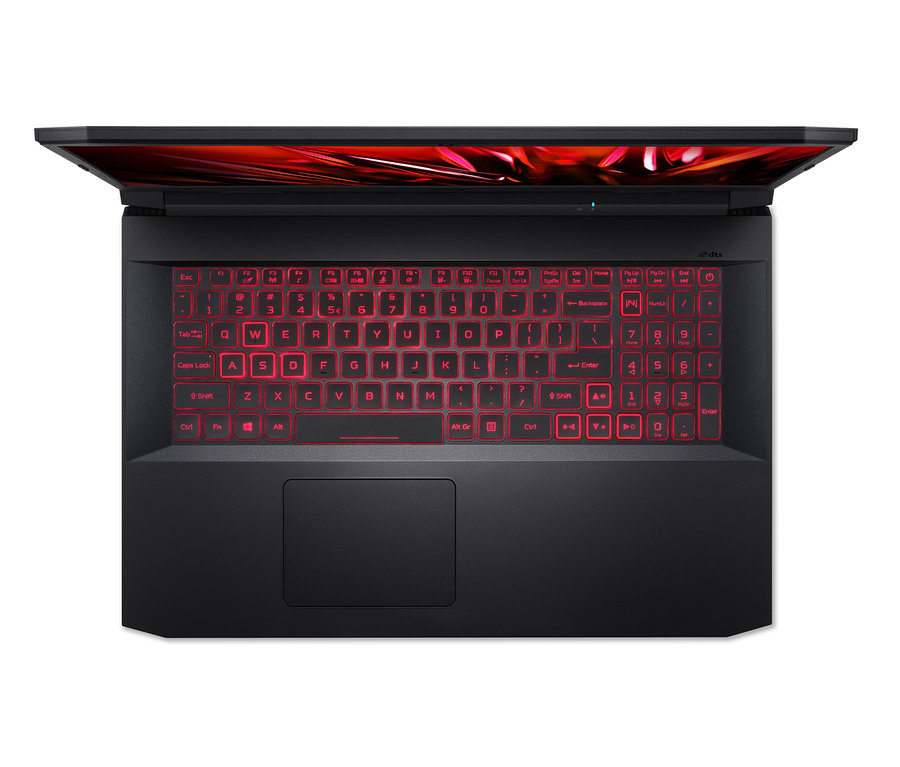 Detailansicht von oben eines schwarzen Gaming-Notebooks mit rot beleuchteter Tastatur.