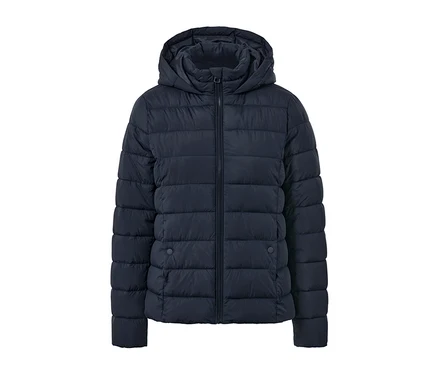 Dunkelblaue Steppjacke mit Kapuze und Reißverschluss.