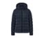 Dunkelblaue Steppjacke mit Kapuze und Reißverschluss.