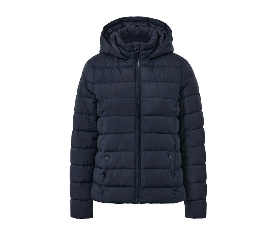 Dunkelblaue Steppjacke mit Kapuze und Reißverschluss.
