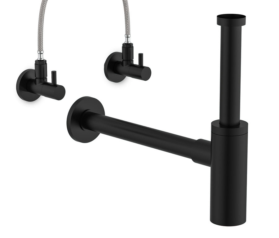 Ein schwarzer KIRCHHOFF Design-Flaschen-Siphon und zwei Wasserhähne vor einem weißen Hintergrund.
