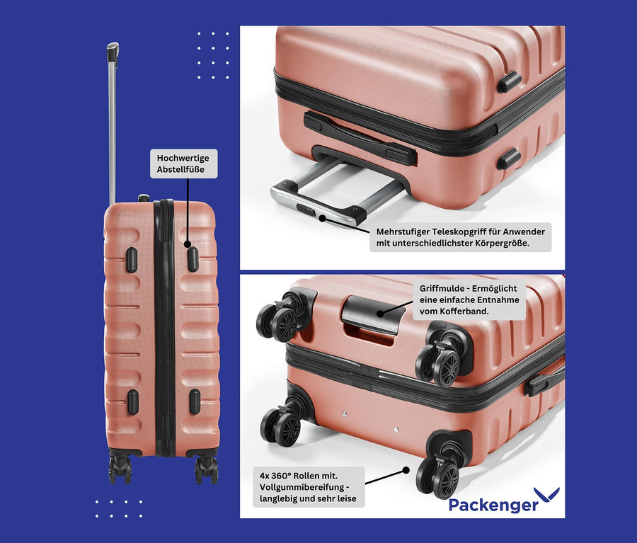 Detailaufnahmen eines PACKENGER Hartschalen-Koffers, 3er-Set »Jörn«, in Mauve, der Teleskopgriff, Rollen und Füße zeigt.