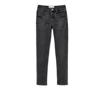 Graue Kinder-High-Waist-Jeans – Fit »Lotta« vor weißem Hintergrund.