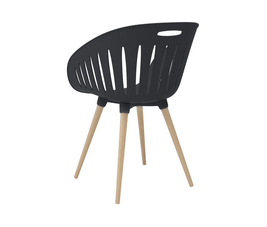 Ein anthrazitfarbener Schalenstuhl mit Armlehne und Holzbeinen vor einem weißen Hintergrund.