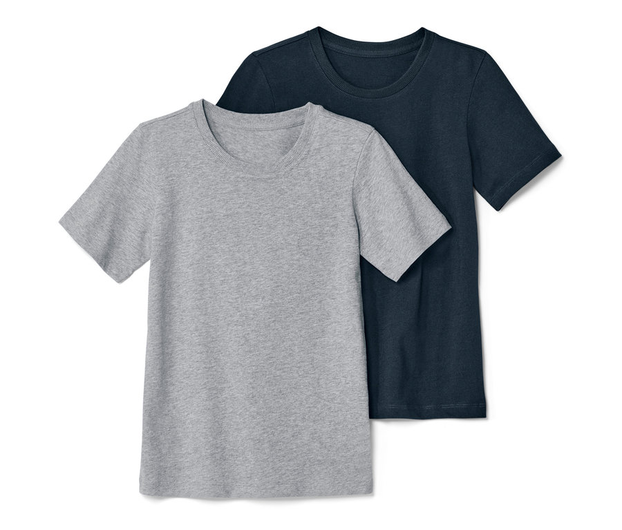 Zwei Kinder-T-Shirts: ein graues und ein dunkelblaues.