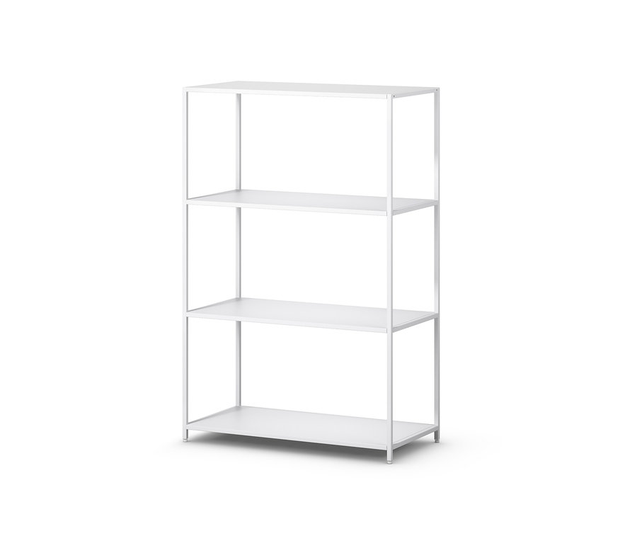 Weißes Metallregal mit vier Ablagen.