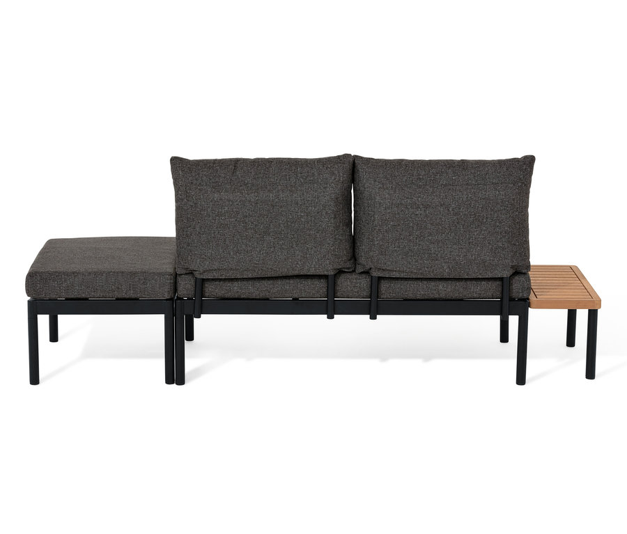 Ein »Elin« Balkon-Lounge-Set mit grauen Kissen und schwarzem Rahmen.