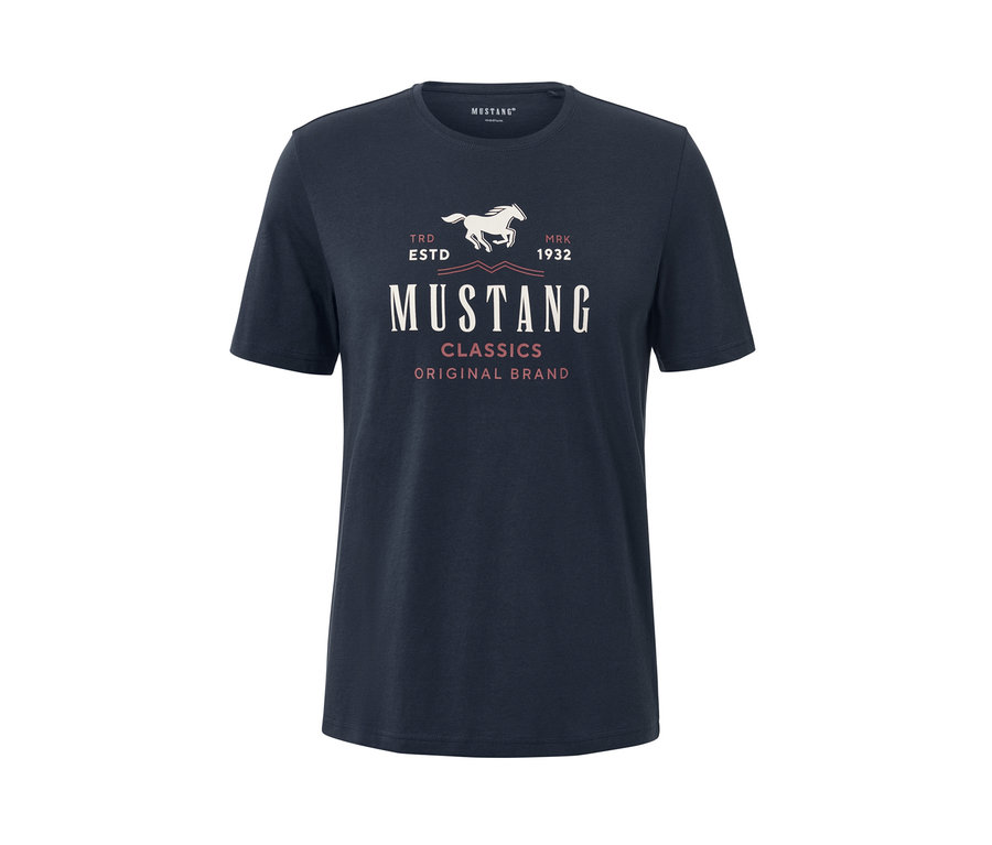 Dunkelblaues T-Shirt »Mustang« mit Pferde-Logo.