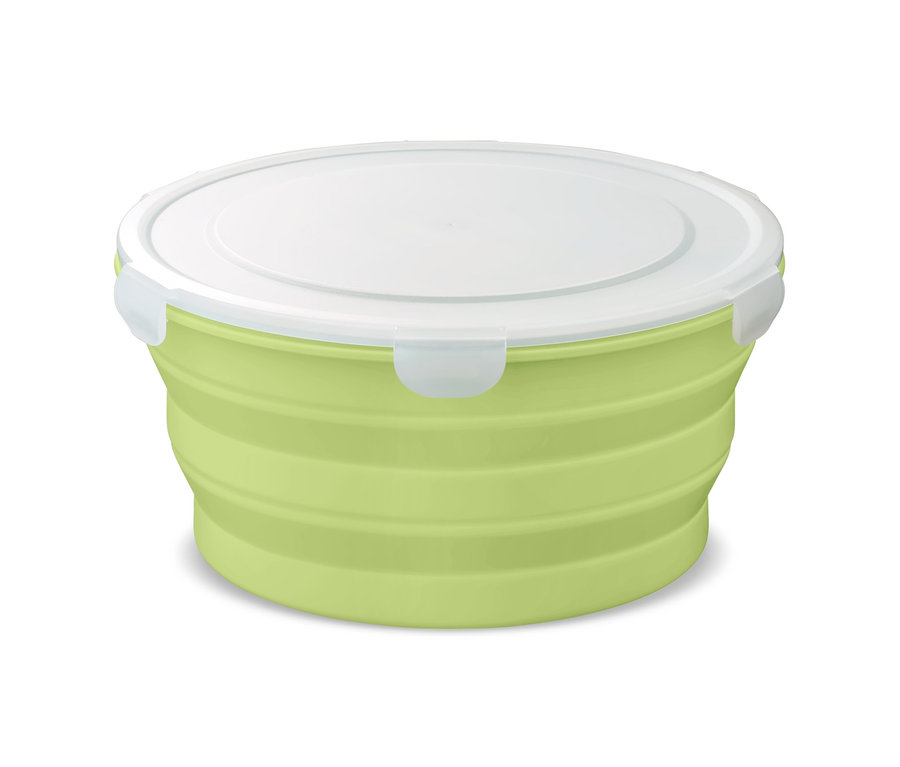 Eine grüne faltbare Salatschüssel mit einem weißen Deckel.