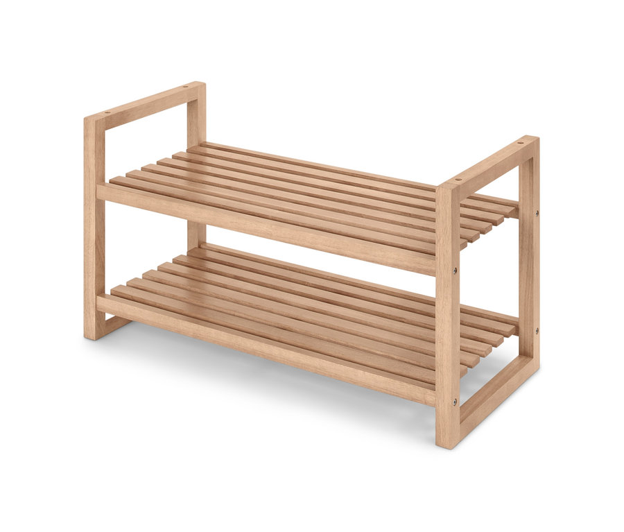 Zweistufiges, stapelbares Schuhregal aus hellem Holz.