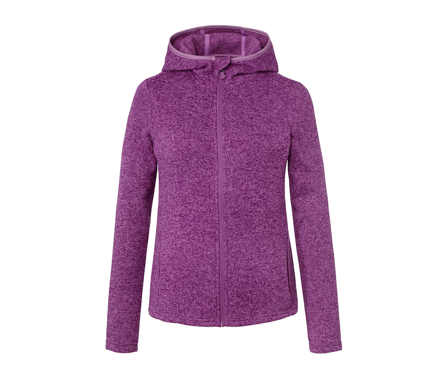 Lila Strickfleece-Jacke mit Reißverschluss und Kapuze.
