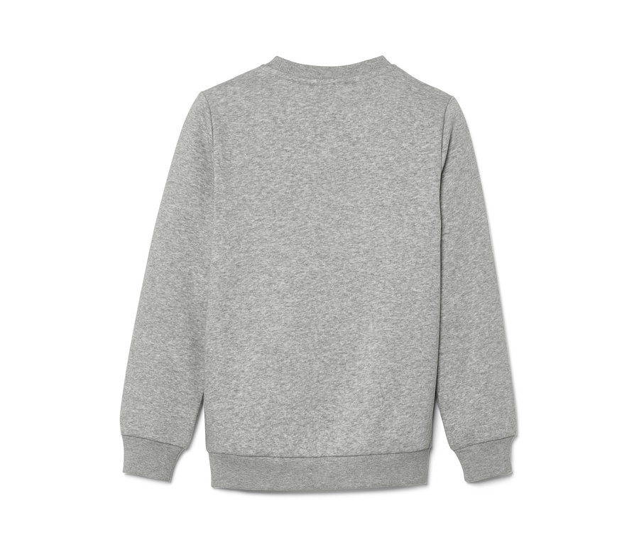 Detailansicht eines grauen Kinder-Sweatshirts mit angerauter Innenseite.