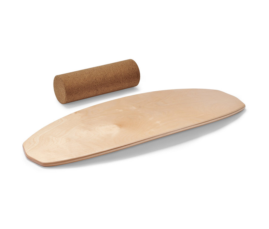 Ein Balance-Board und eine braune Walze.