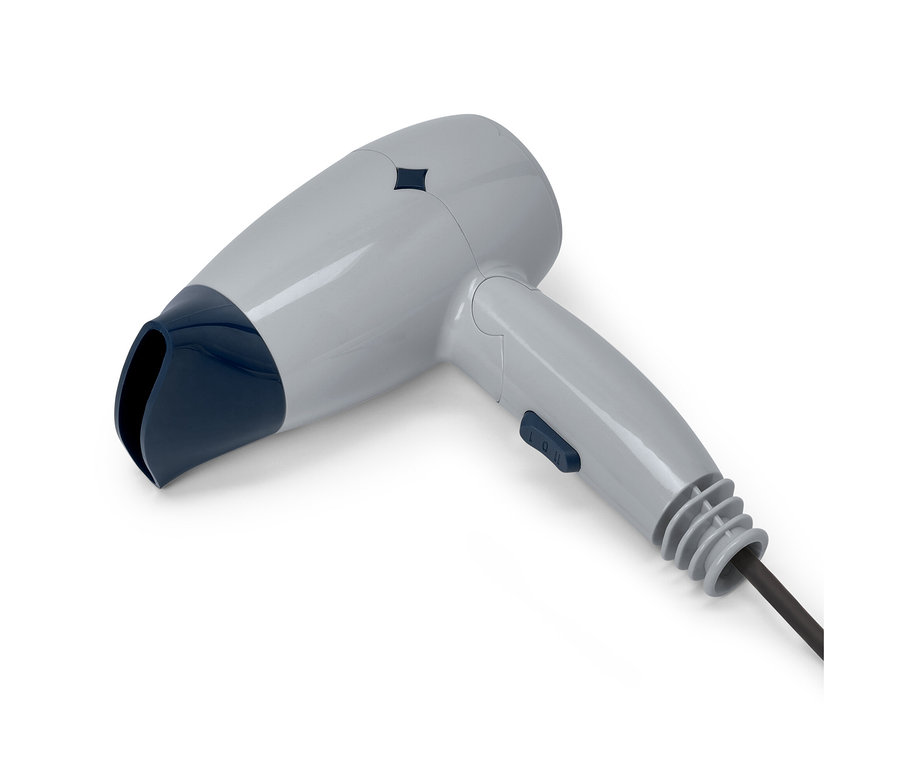 Grauer Reise-Haartrockner mit dunkelblauen Akzenten auf weißem Hintergrund.