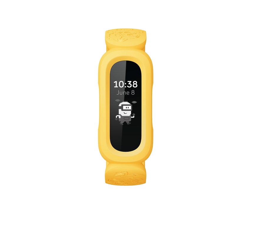 Gelber Tracker mit schwarzem Display, der die Uhrzeit 10:38 und das Datum 8. Juni anzeigt. Zu sehen ist ein Fitbit Aktivitäts-Tracker für Kinder »Ace 3 Kids« in Gelb.
