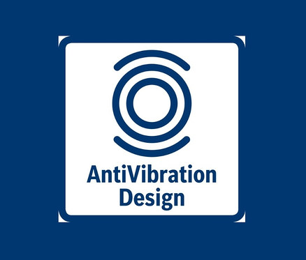 Blaues AntiVibrationsdesign-Logo mit Kreisen oben.