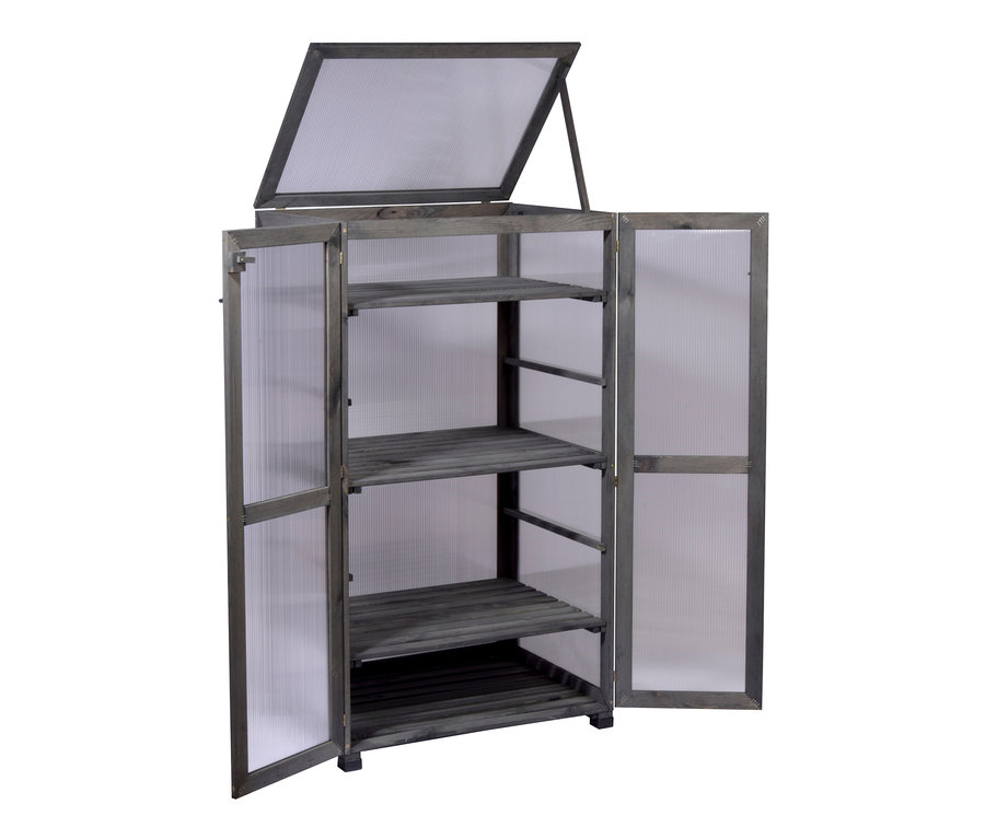 Anthrazitfarbener Anzuchtschrank "Dome" mit geöffneten Türen und Deckel.