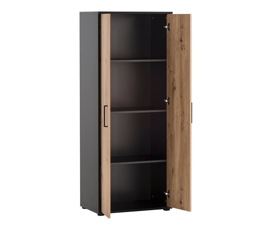 Ein schwarzgrauer Aktenschrank »Aino« mit zwei teilweise geöffneten Holztüren.