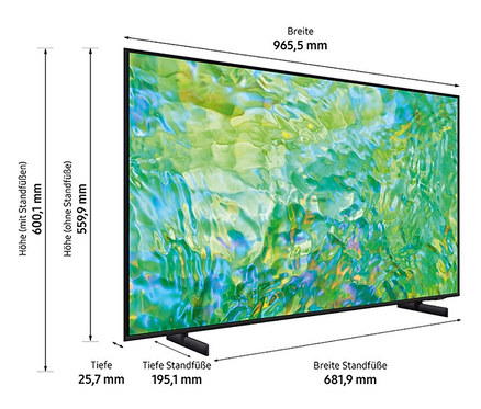 Abbildung eines Samsung 4K Crystal UHD TV »GU43CU8079UXZG« Fernsehers mit Maßangaben.