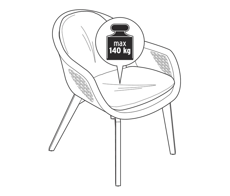 Illustration eines Premium-Schalenstuhls mit Polyrattangeflecht, maximale Belastbarkeit 140 kg.