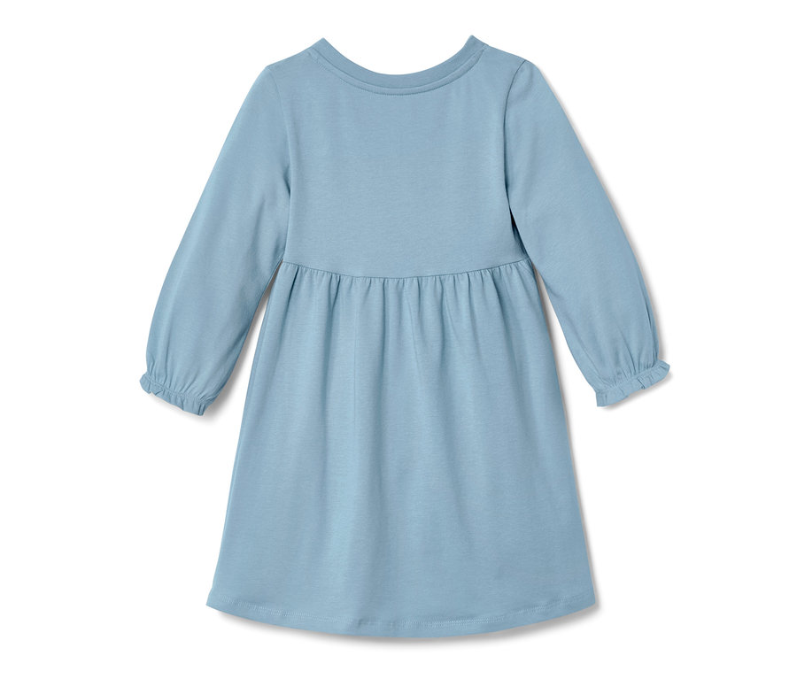 Ein hellblaues Kleinkind-Jerseykleid mit langen Ärmeln.