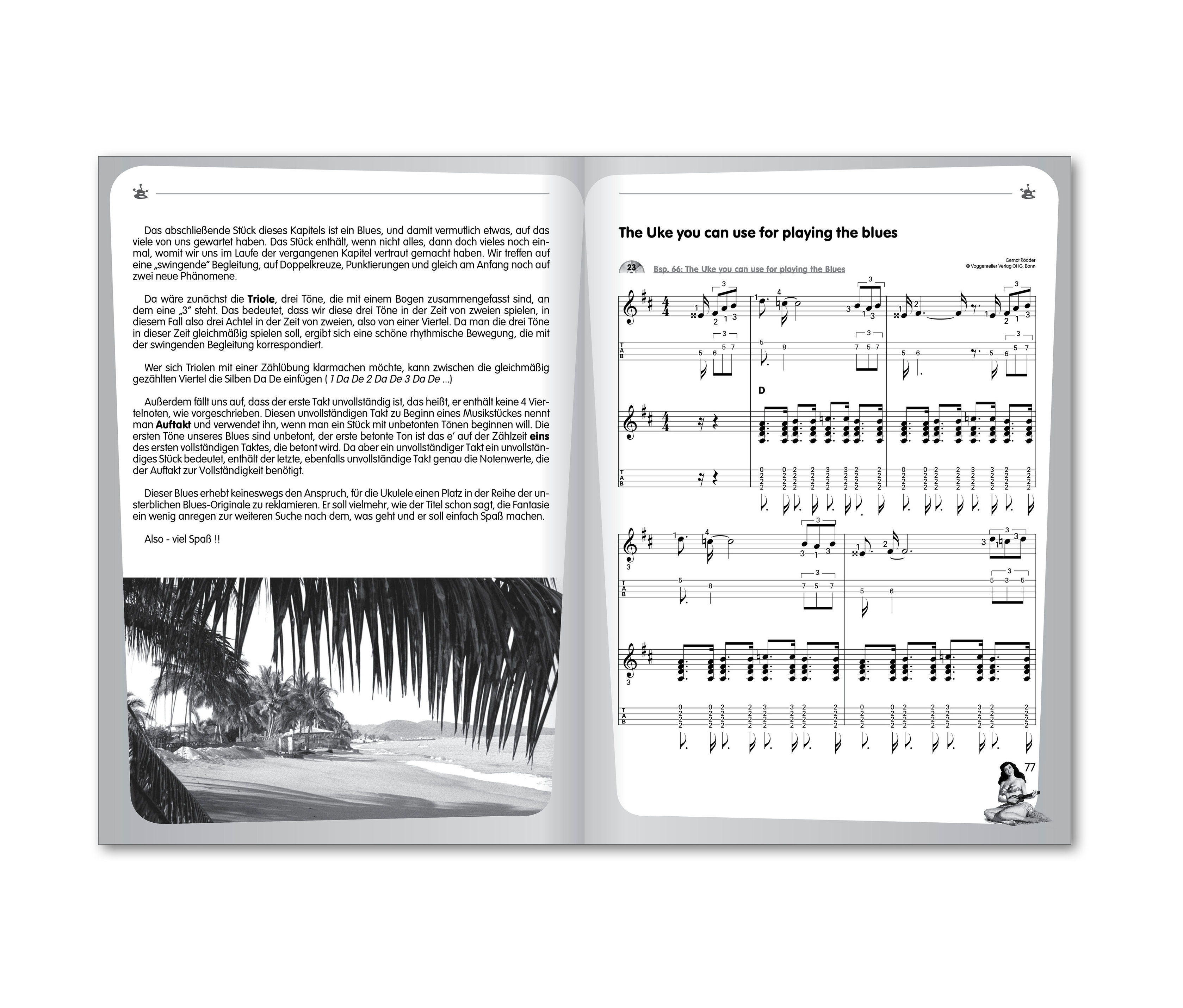 Eine Notenseite mit einem Schwarzweißbild von einem Strand und Palmen unten links.