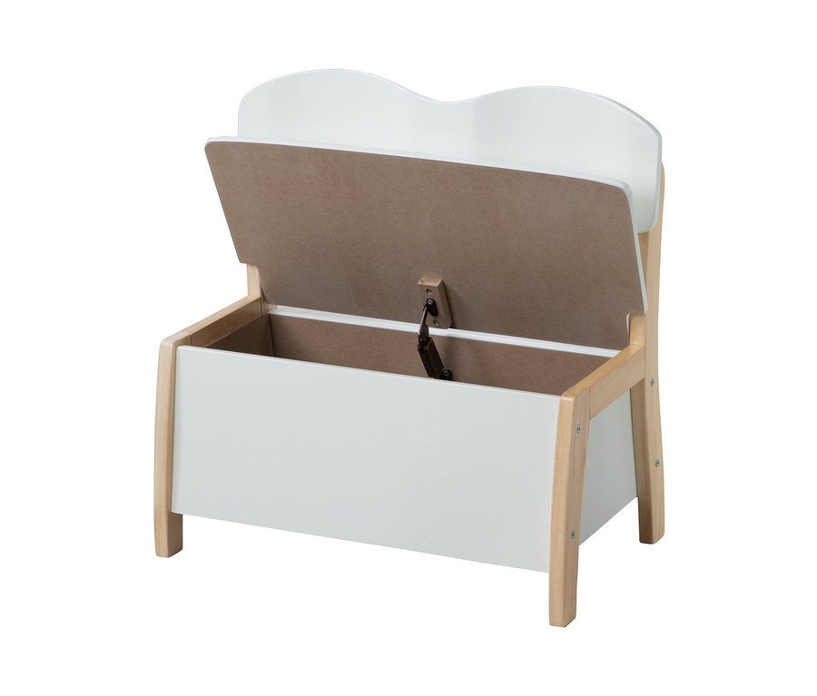 Geöffnete roba Kindertruhenbank Spielzeugkiste mit weißem Sitz und Stauraum.