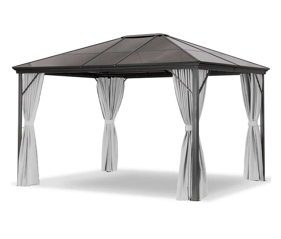 Ein Leco Pavillon mit Seitenwänden ist zu sehen. Die Wände sind in der Mitte der Pfosten zusammengebunden.