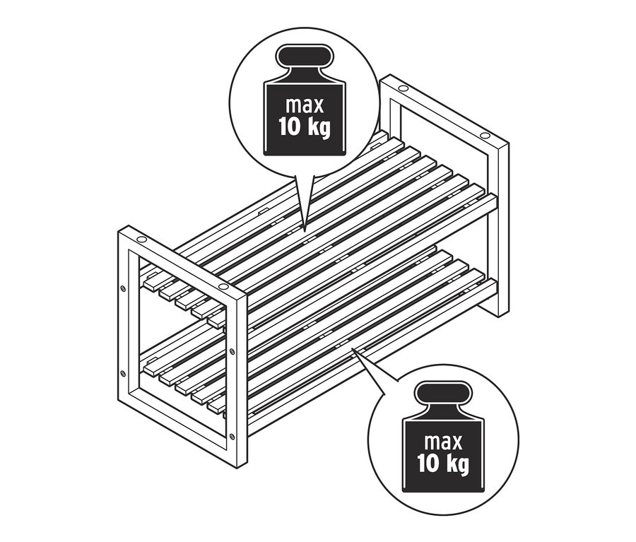 Illustration eines stapelbaren Regals aus Massivholz mit einer maximalen Traglast von 10 kg pro Fach.